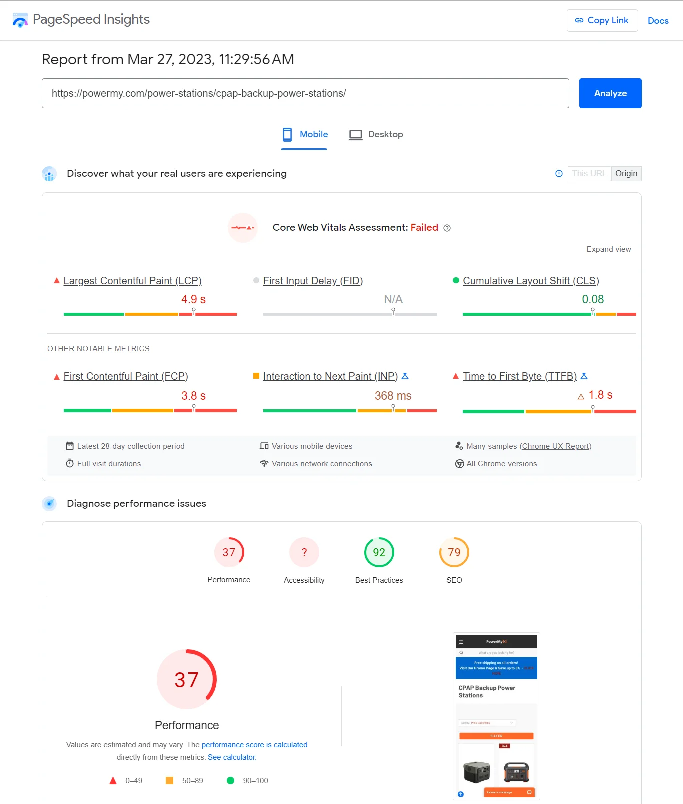 PageSpeed Insights Mobile report showing a performance score of 37.